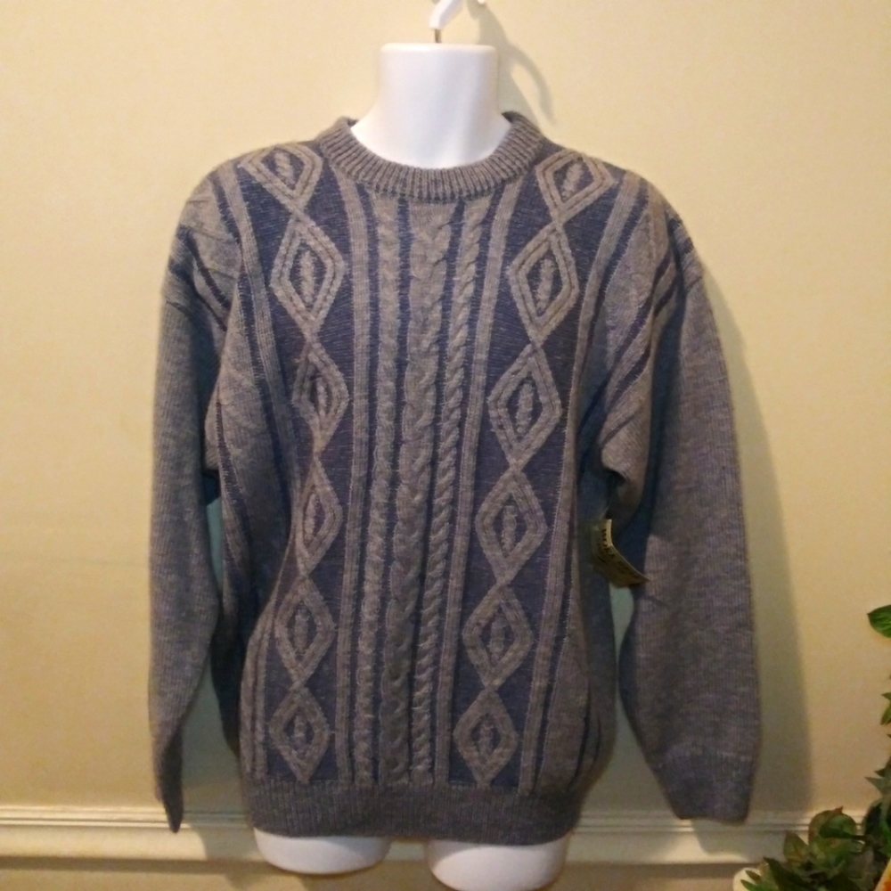 Vintage 90's/Y2K Work Wear Men's 3D Textured Denim Colored Wool Blend Sweater - Picture 1 of 8